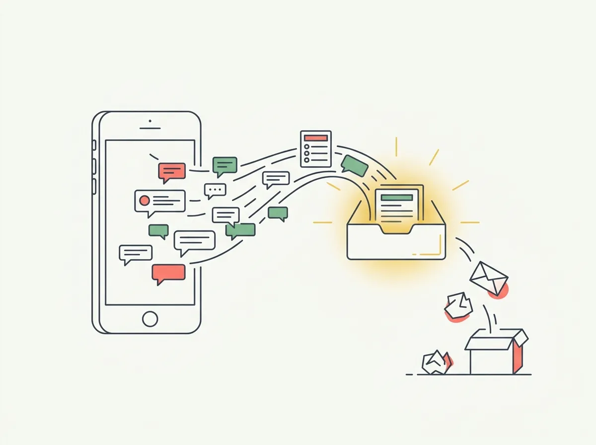 Line-art illustration of survey cards and speech bubbles flowing from a phone into an inbox while envelopes and an empty suggestion box fall away