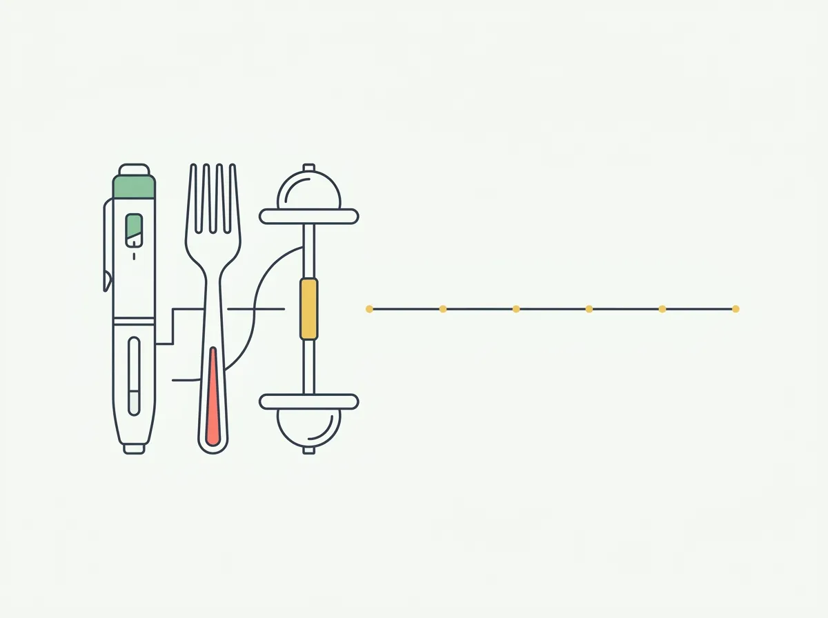 A medication pen set down beside a weight trend line that dips then curves back up, next to a human silhouette with muscle areas highlighted in green and held by a shield outline