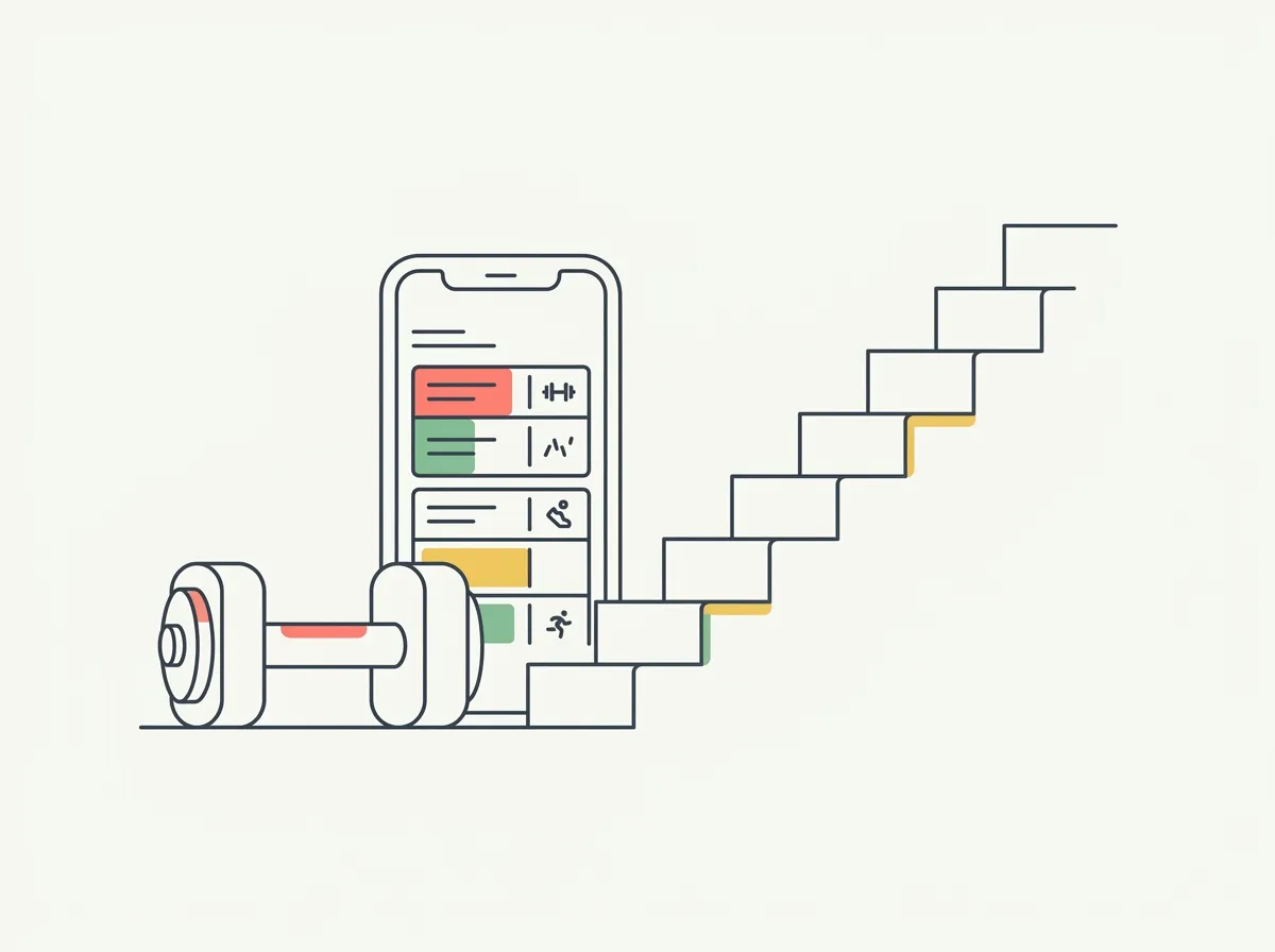 Illustration of a workout phone, dumbbell, and ascending steps representing a training plan