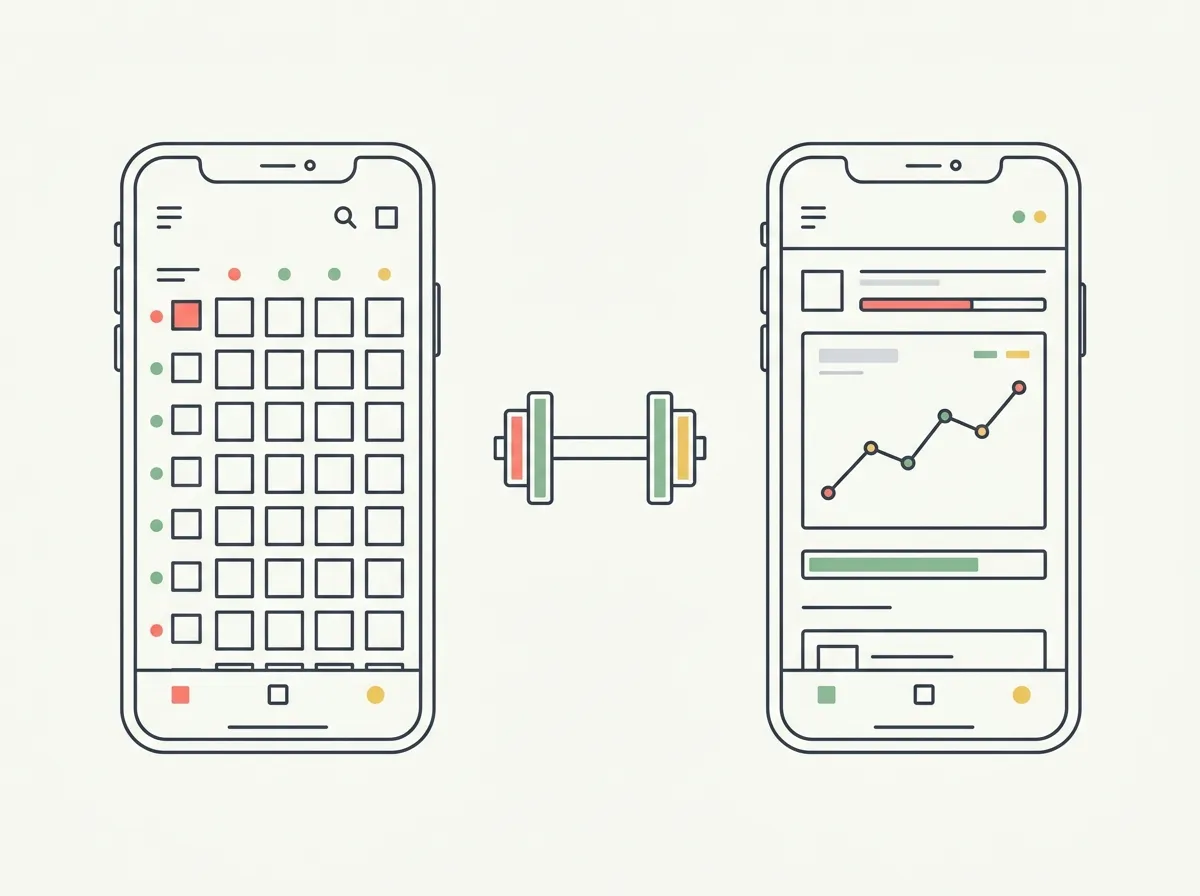 Two illustrated workout-planning phones beside a dumbbell, showing a weekly grid and a progression graph