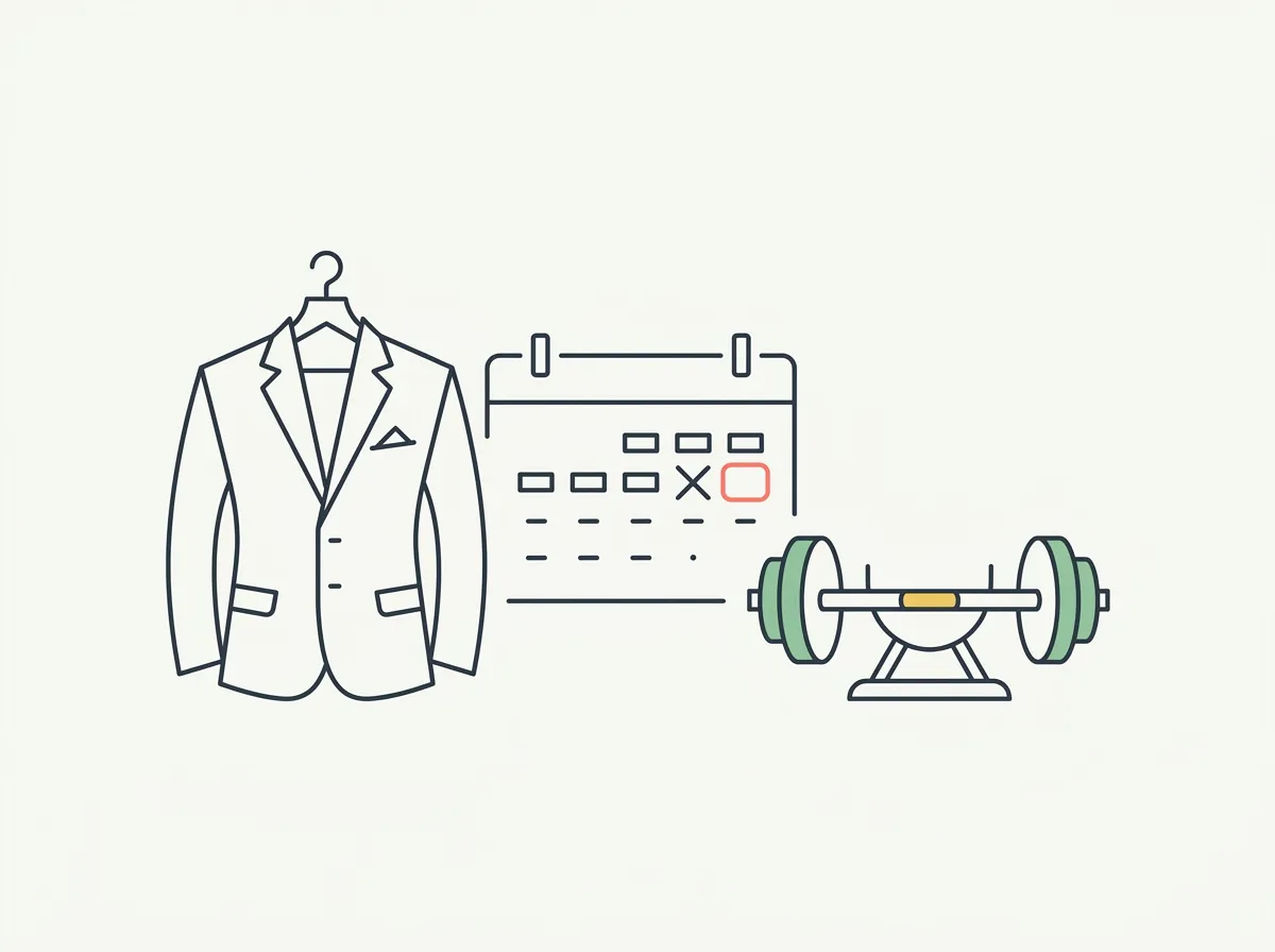 A fitted suit jacket on a hanger beside a 12-week calendar counting down to a wedding date, with a barbell in the background