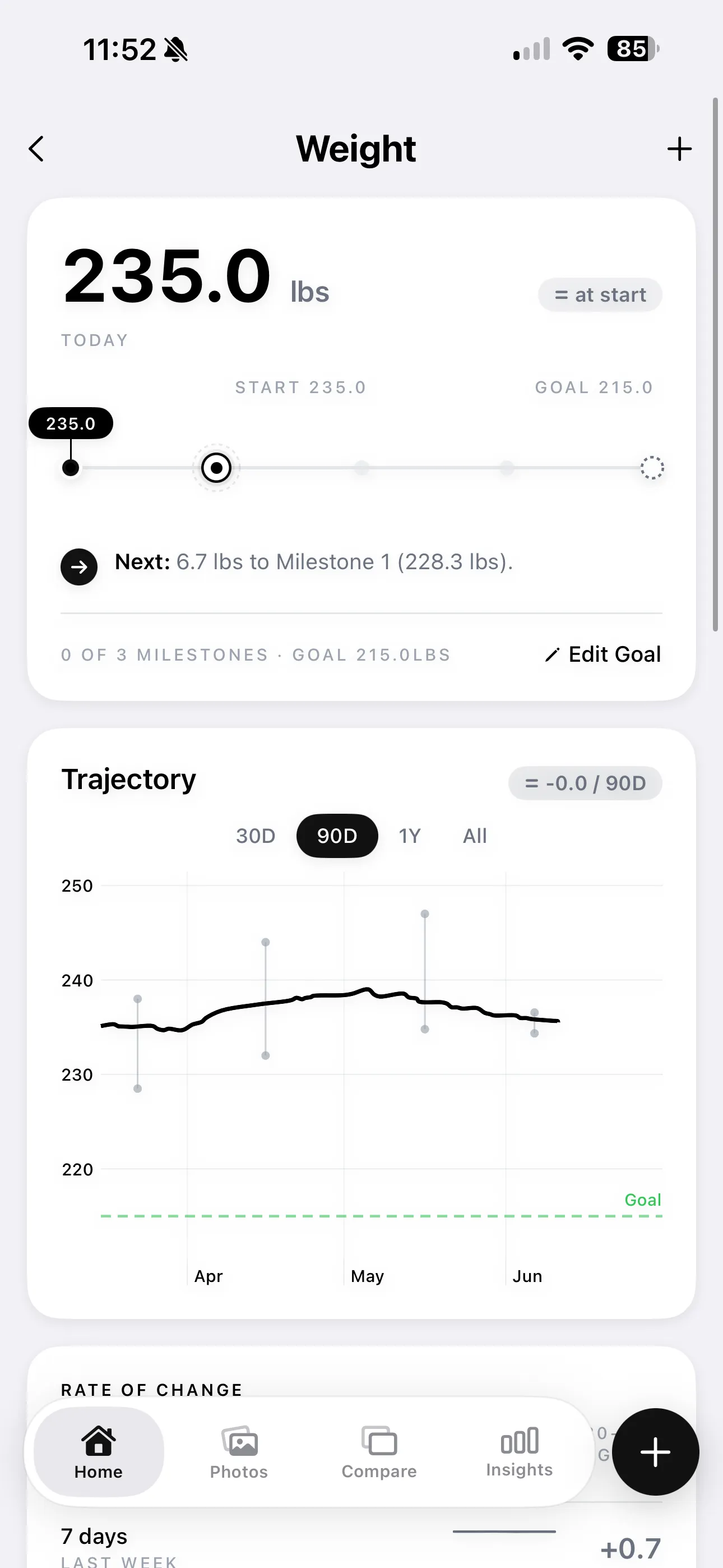 Weight tracking screen showing current weight, milestone progress toward a goal weight, and a projected trajectory chart
