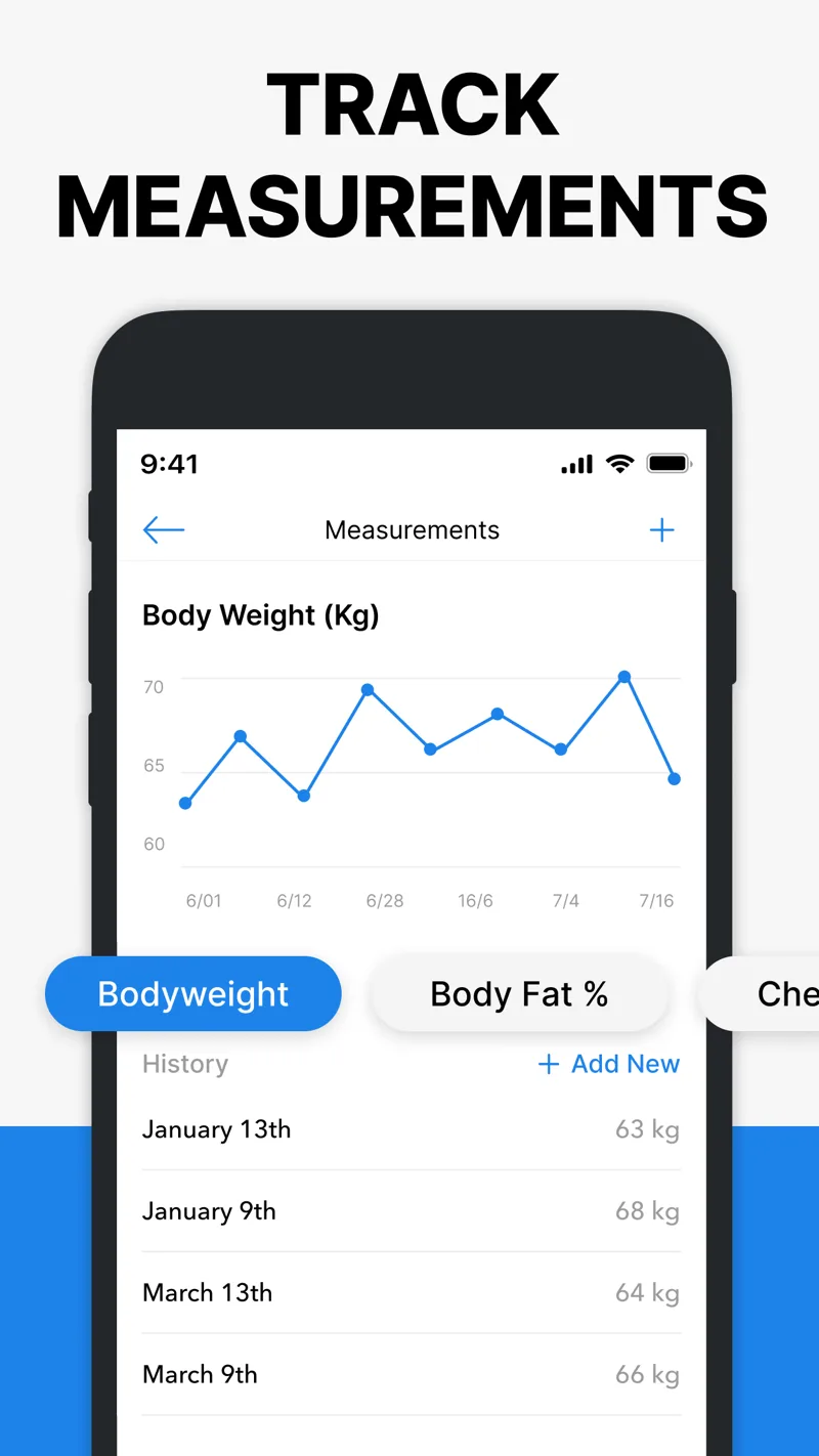 Hevy measurements screen with a bodyweight chart and dated measurement rows