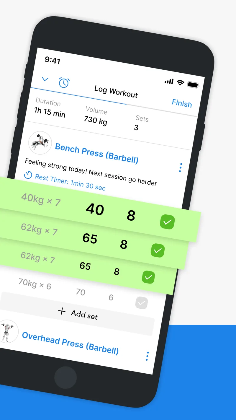 Hevy workout screen with bench press weights, repetitions and completed sets