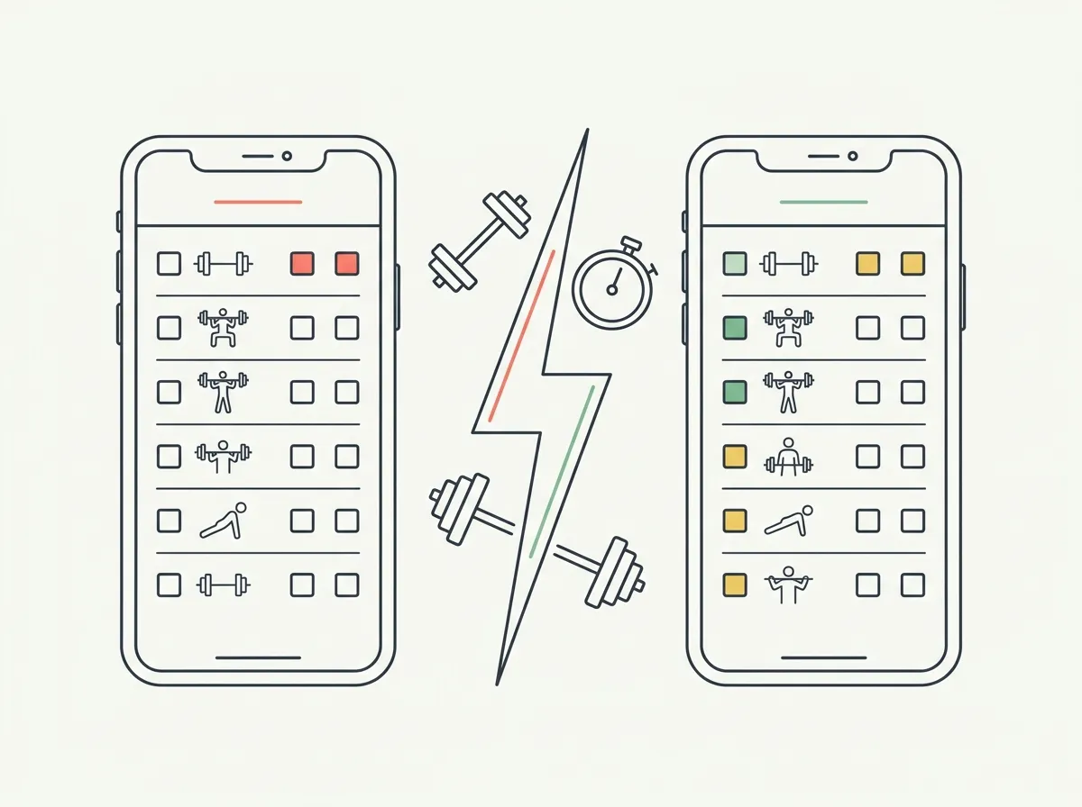 Two smartphones side by side each showing a workout log with sets and reps checklists, barbells and a stopwatch between them