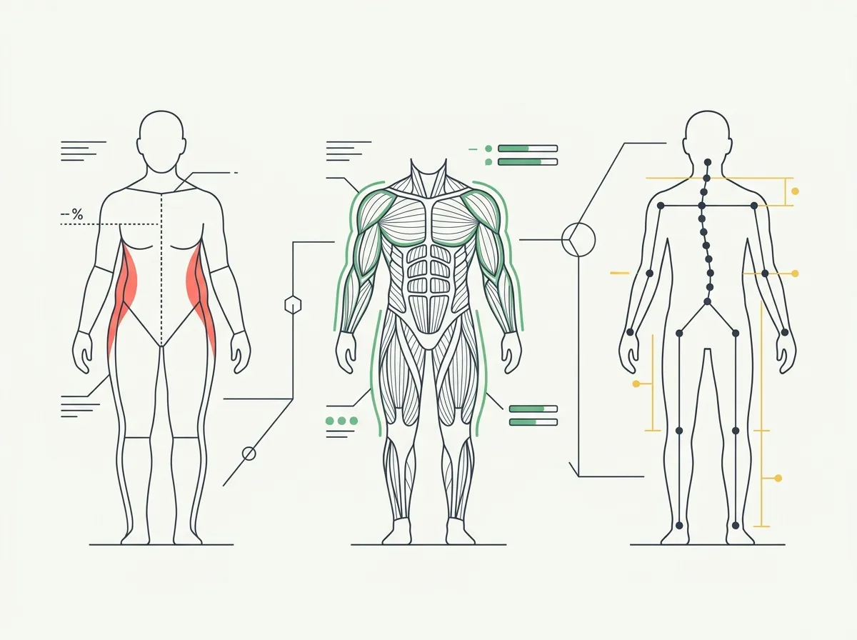How AI body composition analysis works in GainFrame: posture tracking, granular muscle group scoring, body fat estimation, and personalized macro targets — all from a single gym selfie.