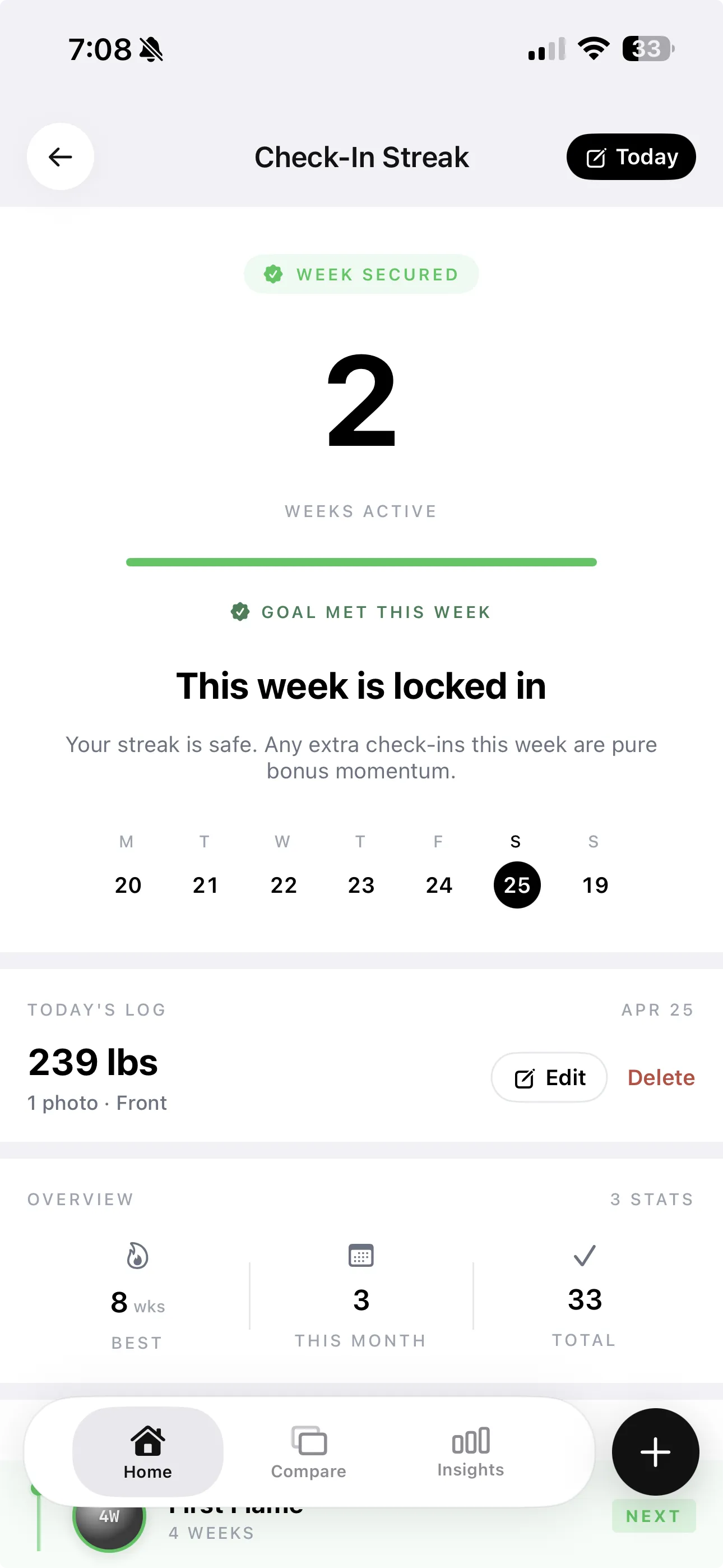 GainFrame check-in streak screen showing Week Secured badge, 2 Weeks Active, and weekly calendar with today's log