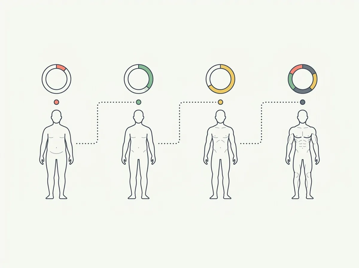 Horizontal timeline showing body recomposition milestones from Month 1 through Month 6 with progressive body silhouettes