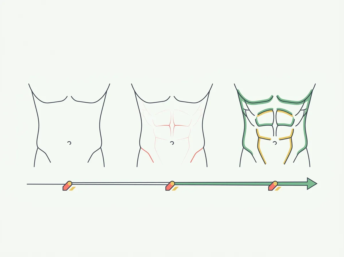Timeline graphic showing a male torso progressing from soft midsection to visible abs with month markers and a body fat percentage scale