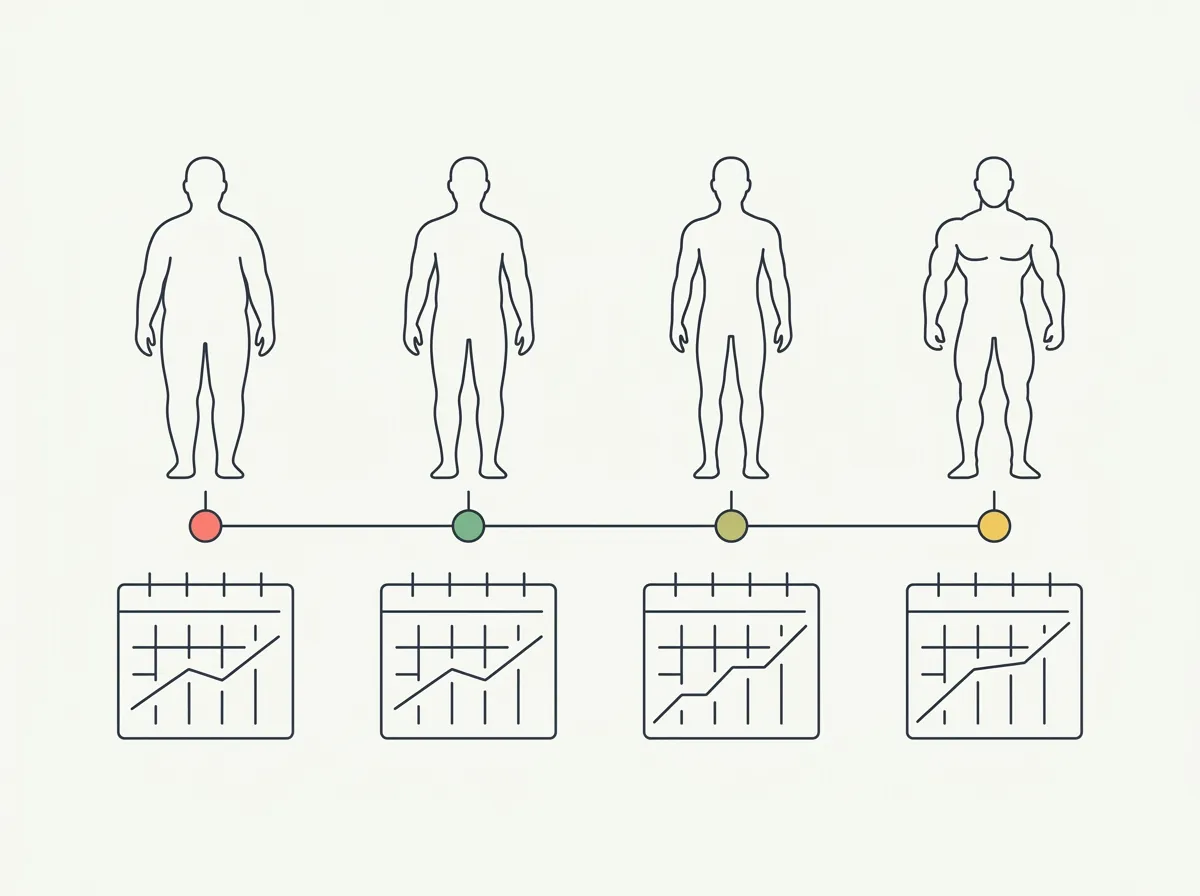 Four body silhouettes on a timeline from soft to defined, each above a progress calendar showing accumulating chart data — representing the realistic phases of transformation from lifting