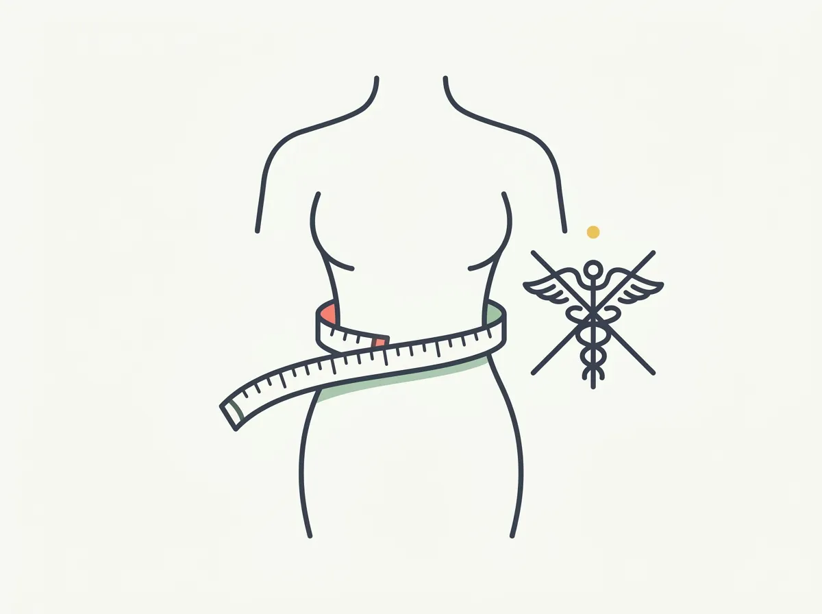 Measuring tape around a male waist next to crossed-out icons for waist trainers and sweat belts, illustrating what shrinks a waist and what doesn't