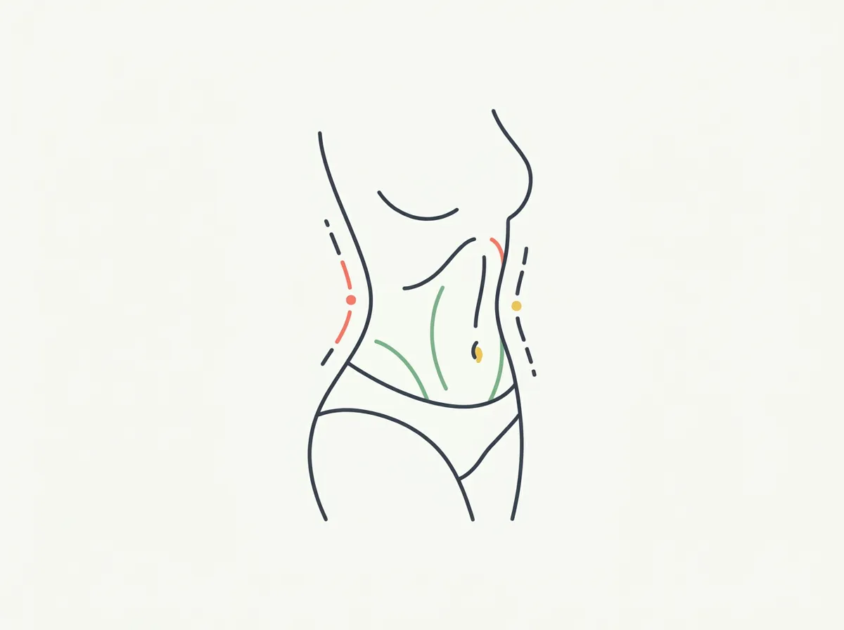 Woman holding a plank beside a diagram of core muscle under a fat layer illustrating what a toned stomach is made of