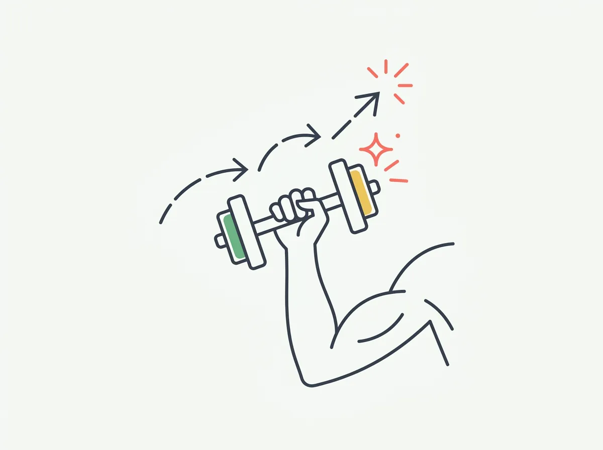 Woman performing a dumbbell curl beside a diagram showing arm muscle under a fat layer, illustrating what toned arms are made of