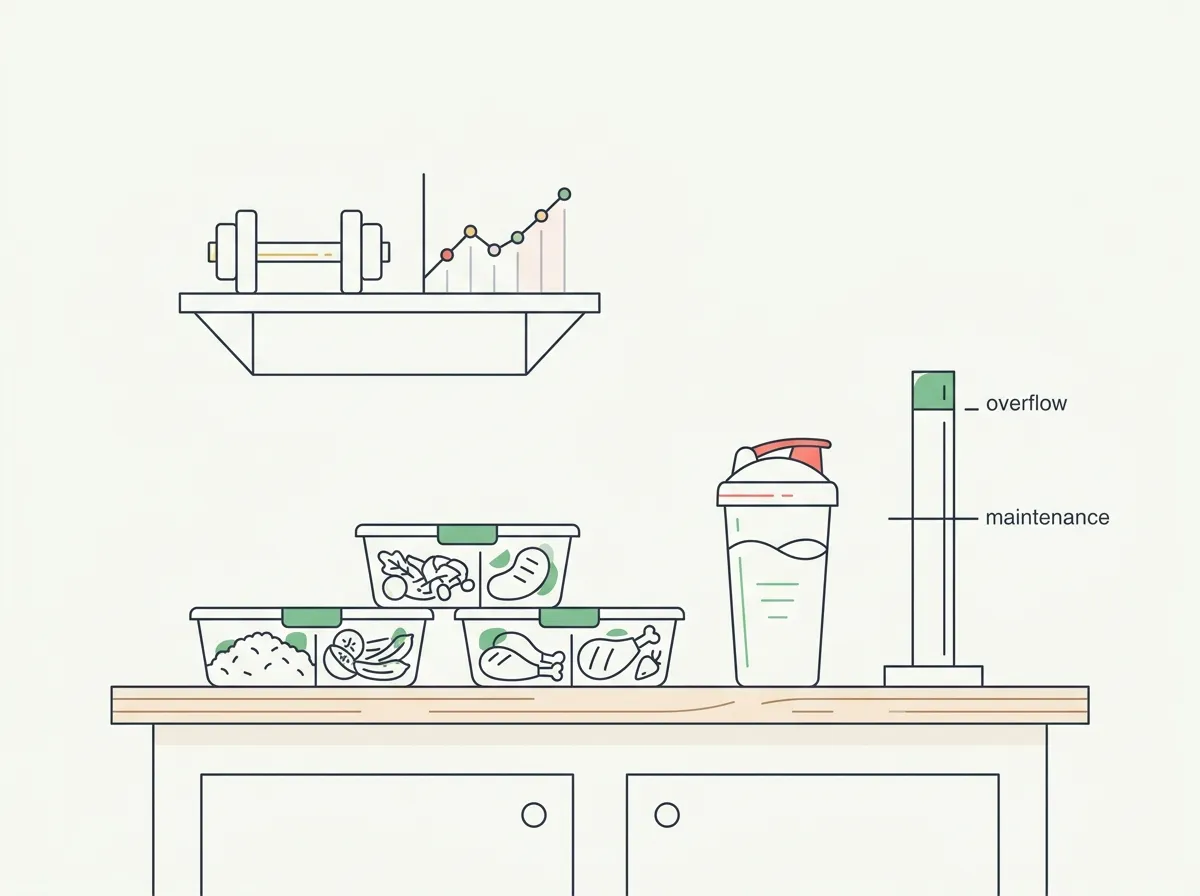 Meal prep containers and a protein shake beside a caloric surplus gauge showing a small controlled overflow above a maintenance line, with a dumbbell and progress chart on a shelf above