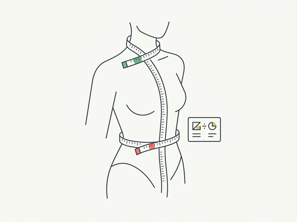 Tape measure wrapped at a waistline beside the US Navy body fat formula and a worked calculation estimating body fat percentage