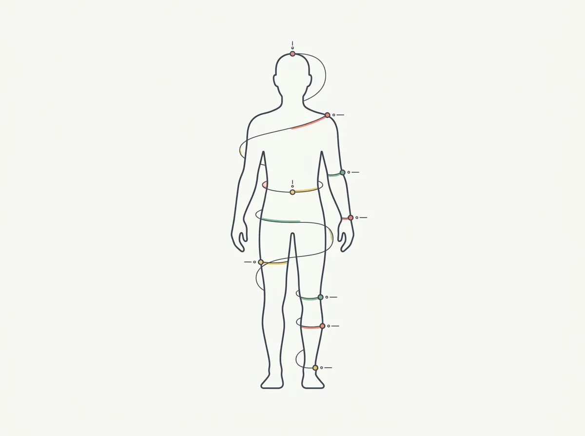 Soft measuring tape laid across a measurement log listing all 10 body measurement sites from neck to calf