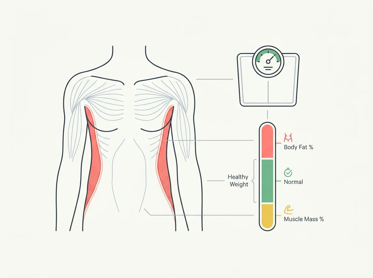 Minimalist illustration of a body silhouette with normal-weight outline but elevated body fat and low muscle — alongside a scale and body composition gauge