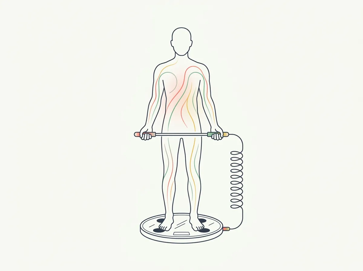 A smart scale with a handheld sensor bar connected by a cable, with measurement current paths flowing through a human silhouette