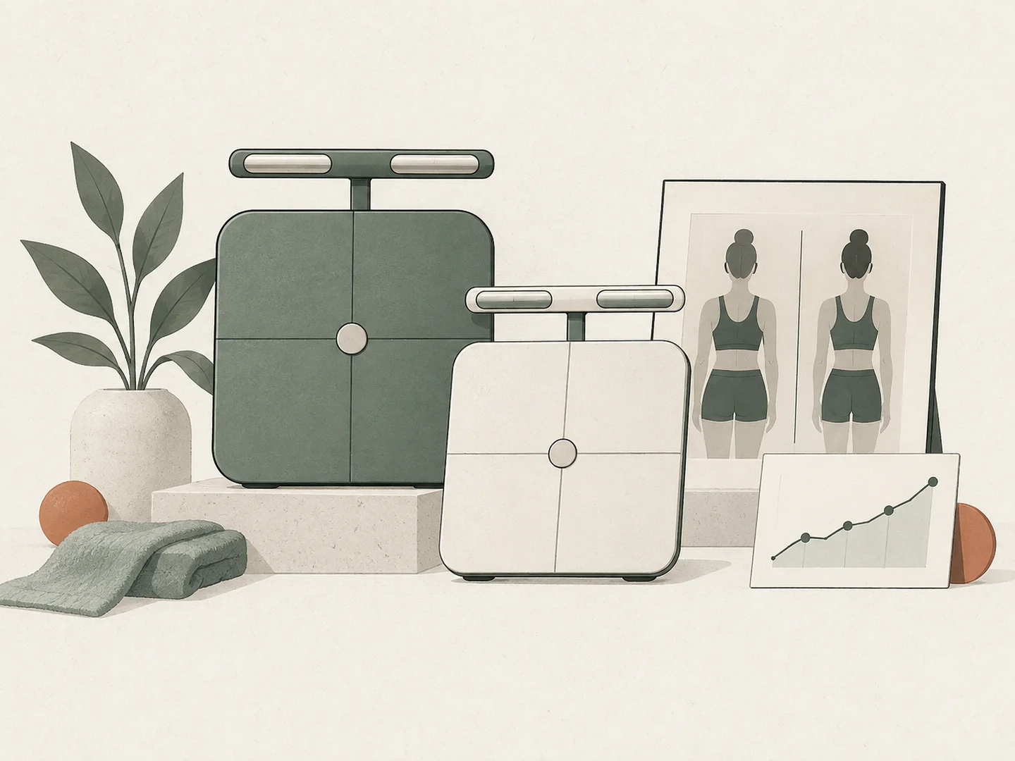 Conceptual illustration of two handle-equipped smart scales, a trend chart and a photo frame