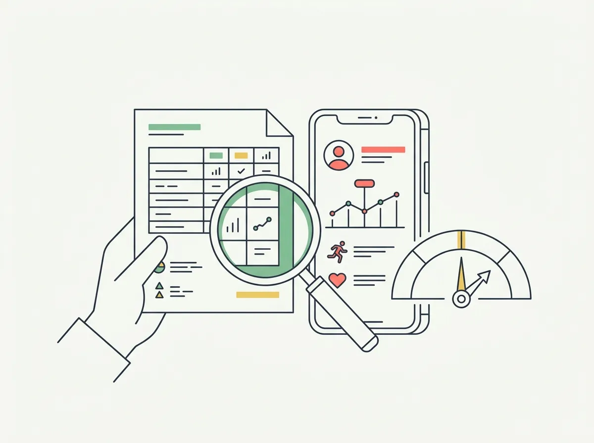 Line-art illustration of a hand holding a scorecard document under a magnifying glass next to a smartphone showing a fitness app, with a gauge dial pointing to the middle of its range