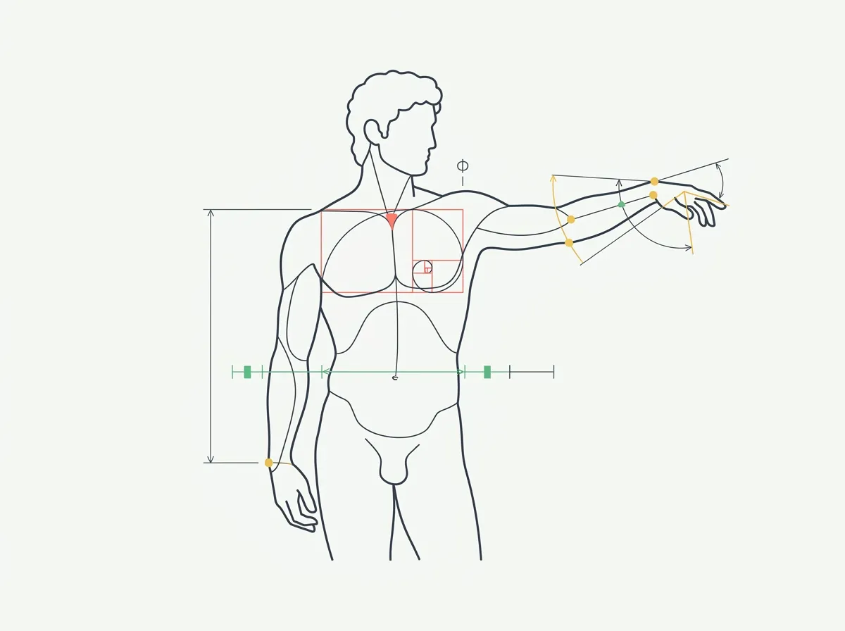 Classical male physique silhouette overlaid with measurement lines at the chest, waist, arm, neck, and calf beside the Grecian ideal proportion formulas