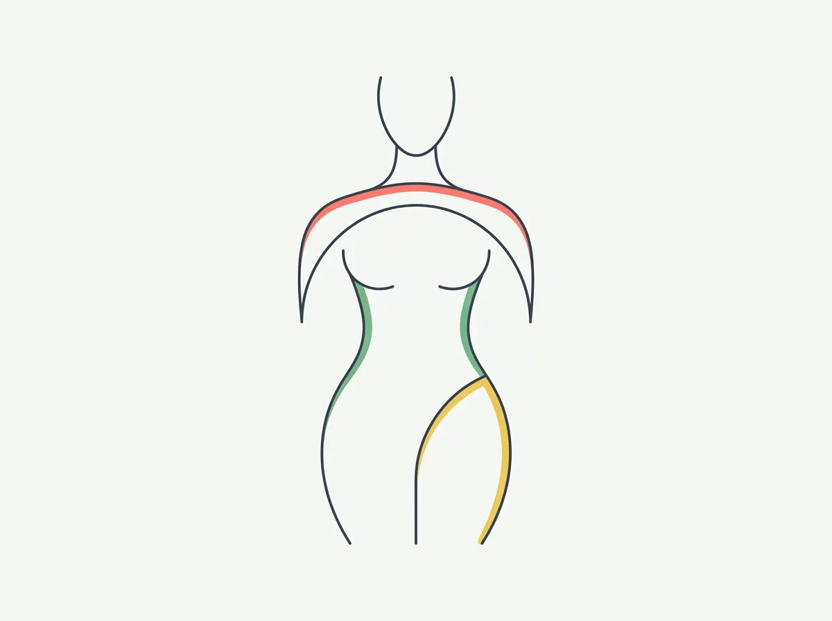Measuring tape curved around a female silhouette beside a chart contrasting the dated 36-24-36 cliché with frame-relative proportion ratios