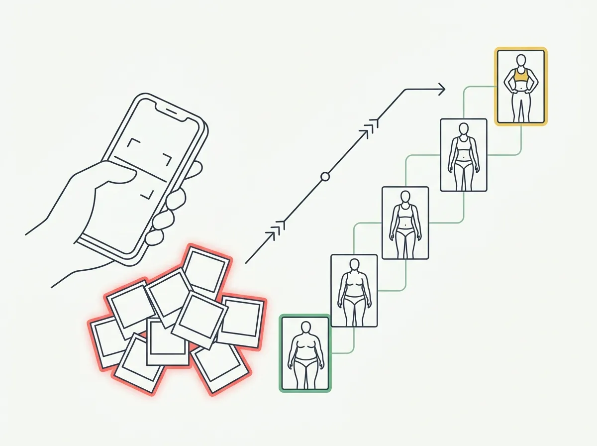Abstract illustration of a phone scanning a scattered pile of photos and arranging them into a chronological body-transformation timeline