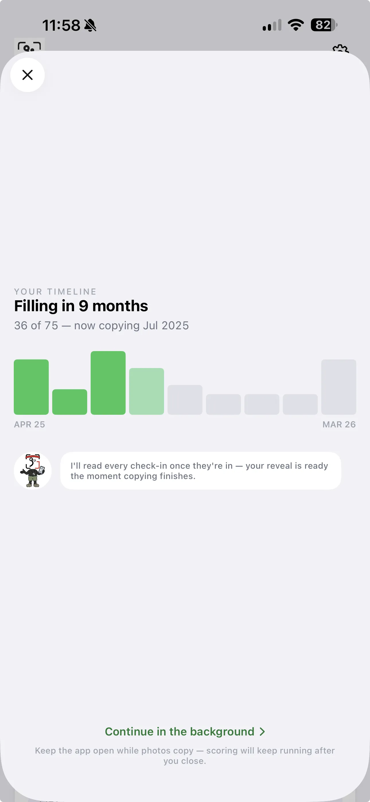 GainFrame timeline filling in month by month as imported photos are scored