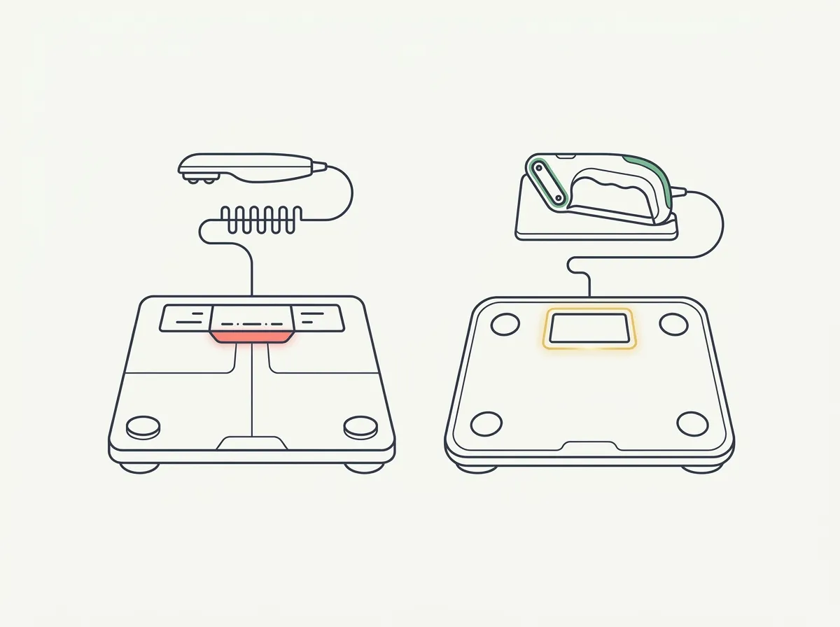 Illustration of two handle-equipped home scales beside whole-body and regional progress charts