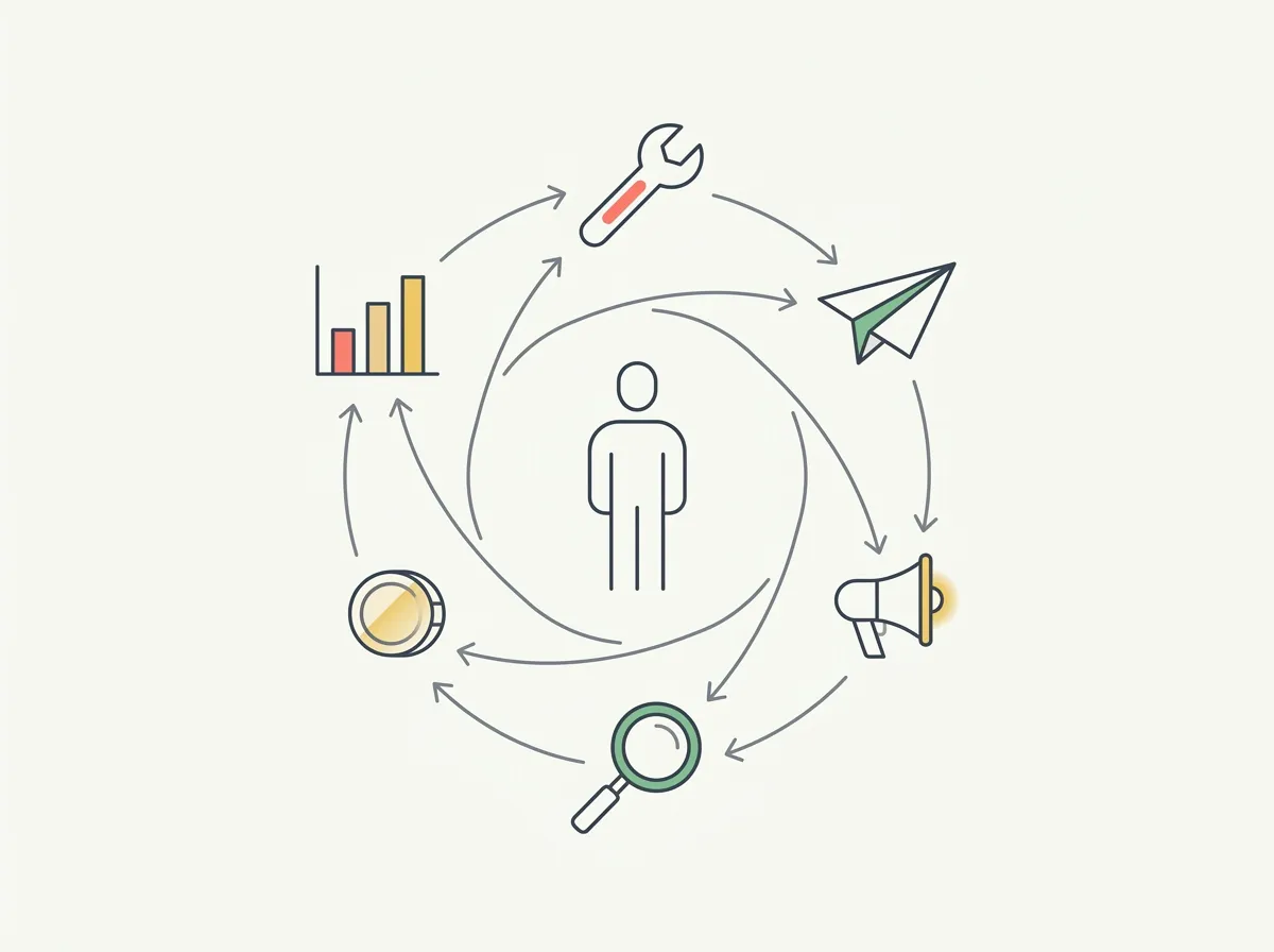 Line-art illustration of a single figure at the center of a loop of six stations: a wrench, a paper plane, a megaphone, a magnifying glass, a coin, and a bar chart