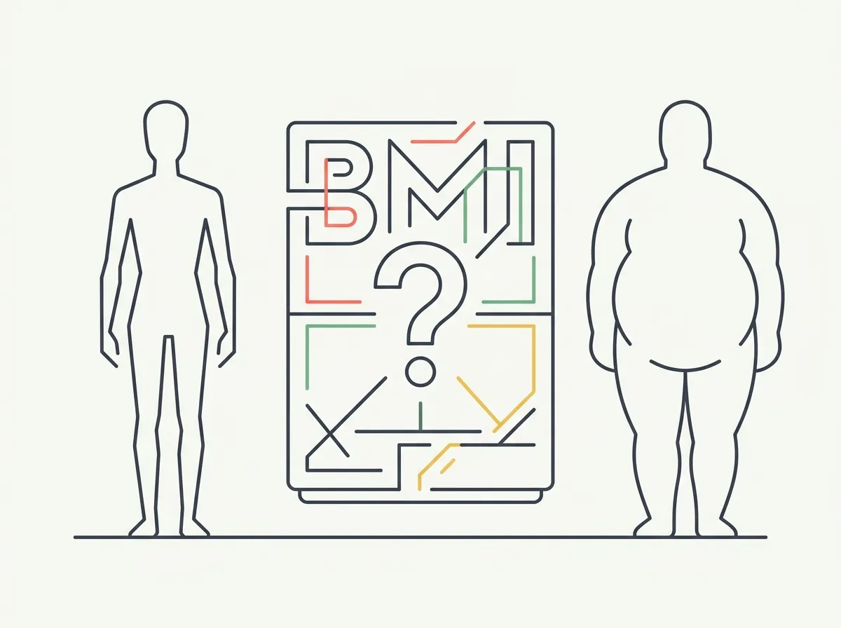 A BMI formula on a chalkboard split between a population crowd silhouette where it works and a single muscular figure where it misreads
