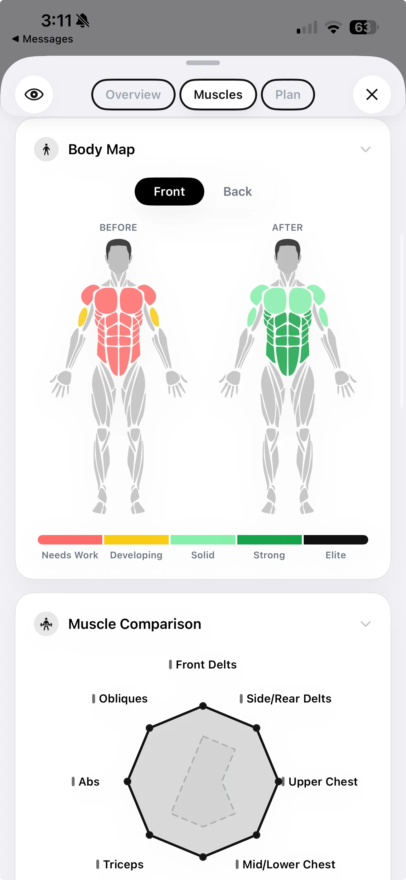 Muscle development radar showing baseline muscle scores in dotted outline versus current scores in solid fill across seven groups — shoulders, chest, triceps, biceps, abs, and obliques