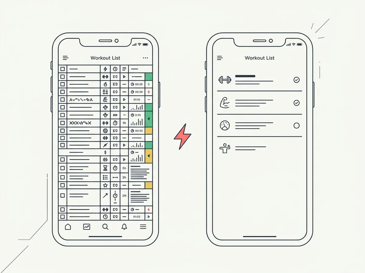 Two smartphones side by side, one showing a dense exercise database list and one showing a clean minimal workout log, dumbbells between them