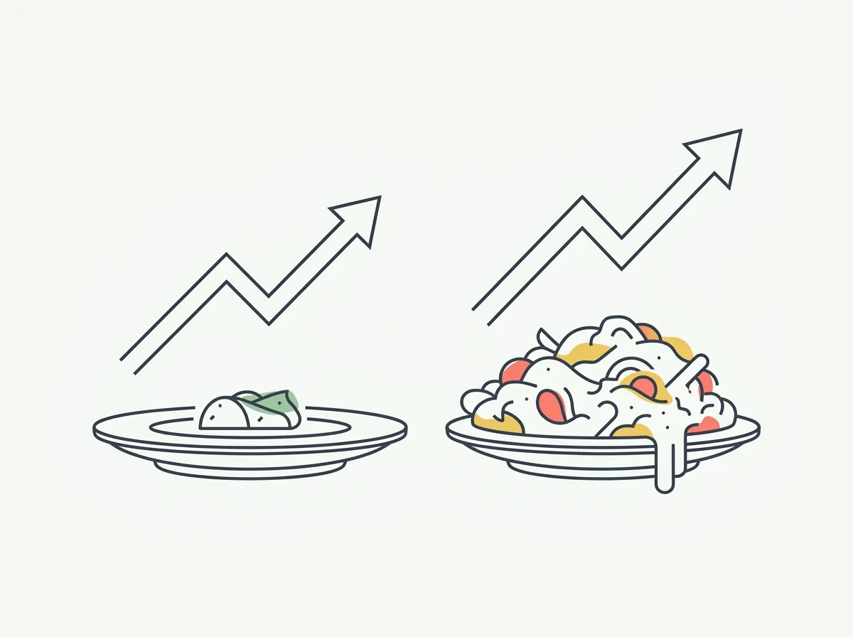 Line illustration of a small controlled plate beside an overloaded plate, each with a rising progress arrow, representing lean bulk versus dirty bulk