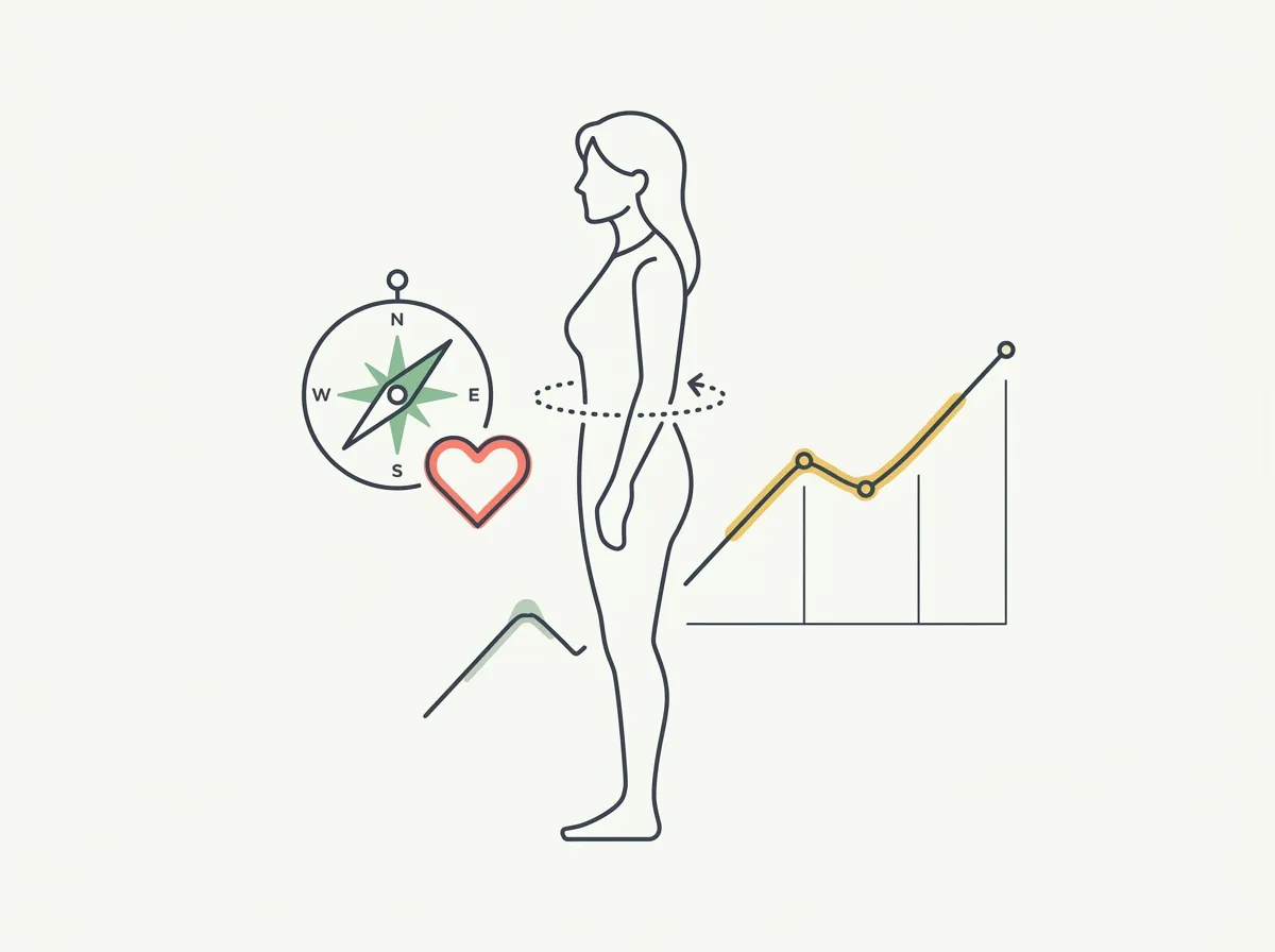 Minimalist line-art illustration of a flat weight scale line beside a shifting body composition chart with a camera and tape measure