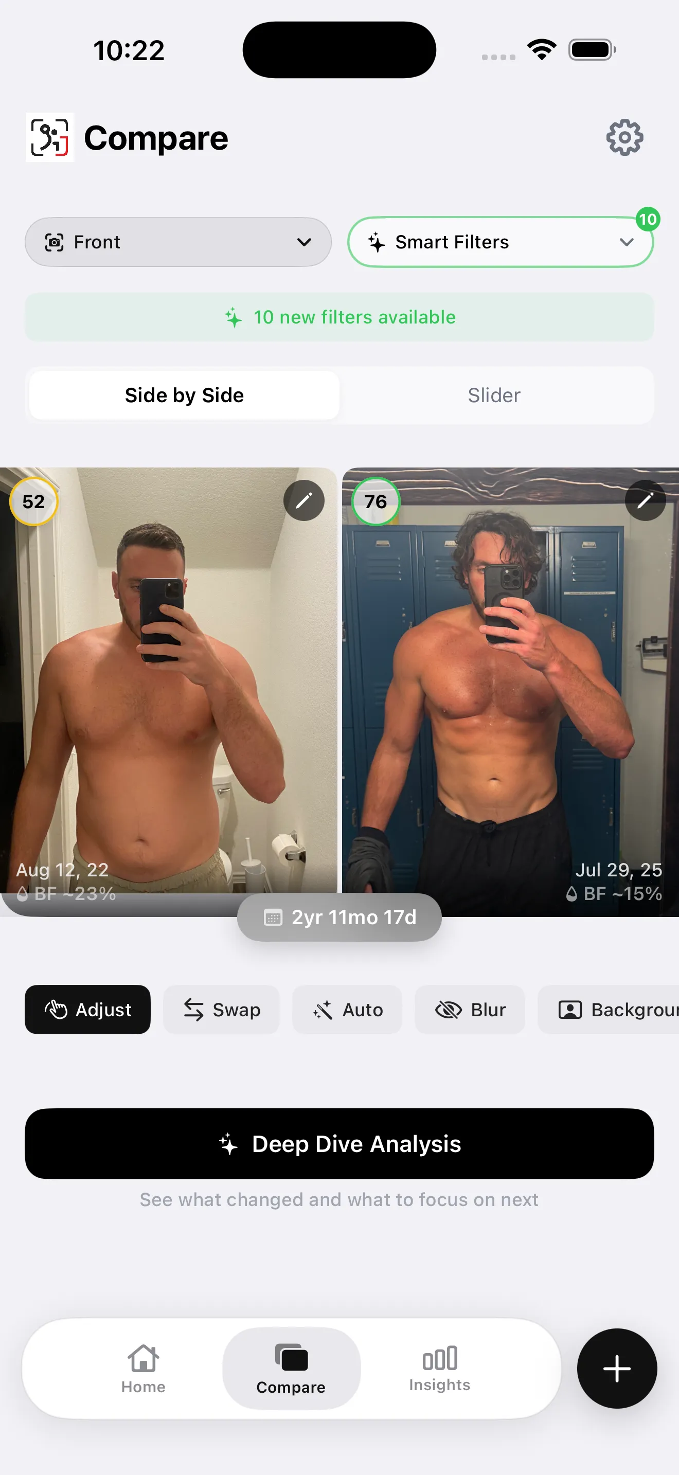 Two dated progress photos shown side by side in the comparison screen