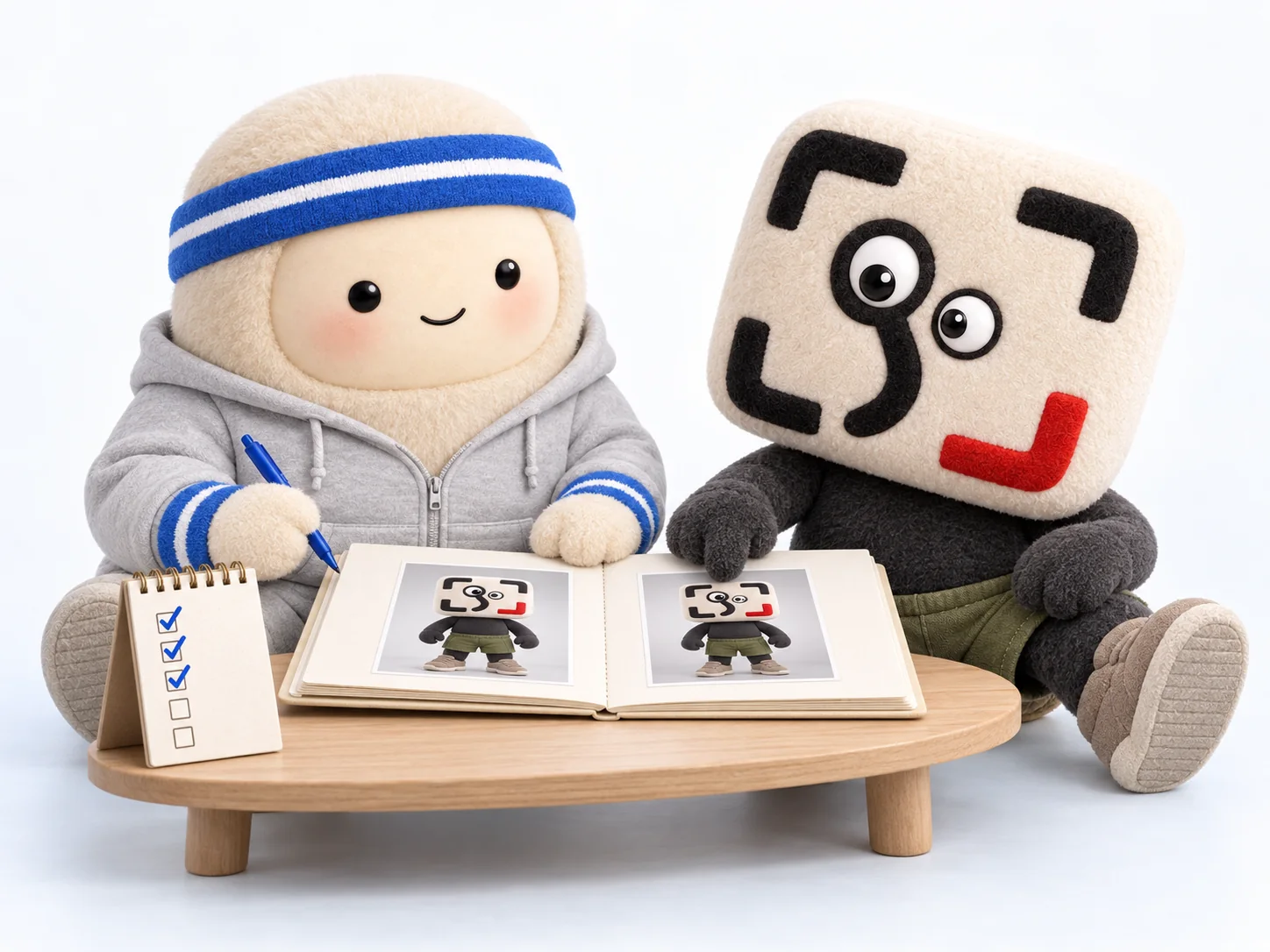 Muse and plush GainFrame Gary reviewing a photo album and weekly workout checklist together