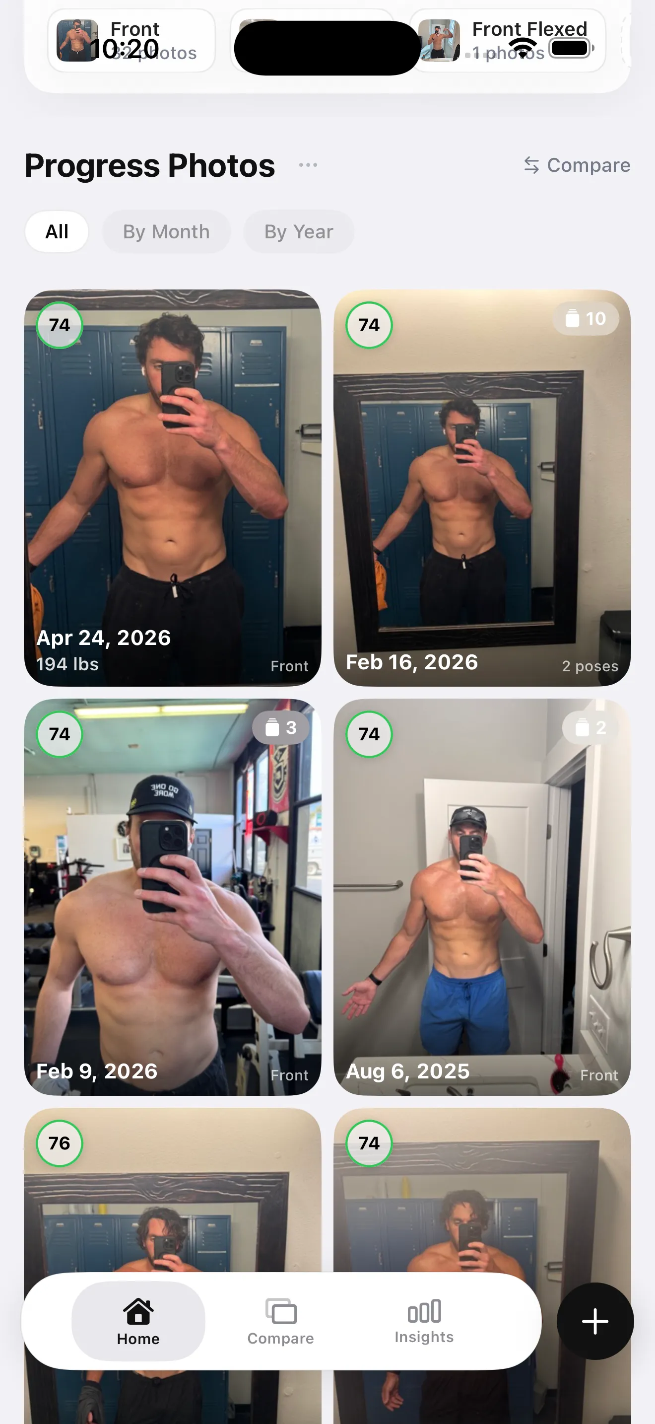 Progress-photo gallery with dates and pose labels