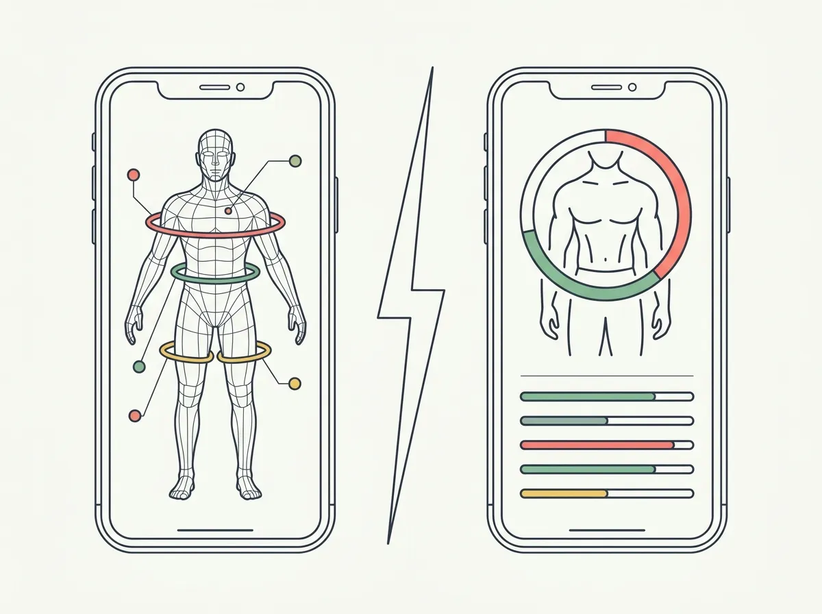 Two smartphones side by side — the left showing a smooth 3D avatar body mesh with circumference measurement rings, the right showing a progress photo with a physique score ring and muscle rating bars