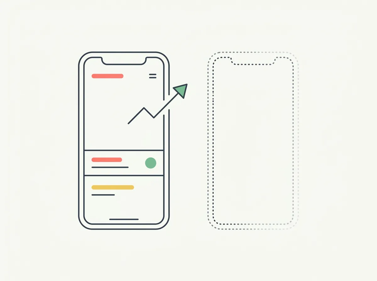 Line-art illustration of a solid smartphone with an upward growth chart next to a faded dotted-line tracing of the same phone with nothing on its screen