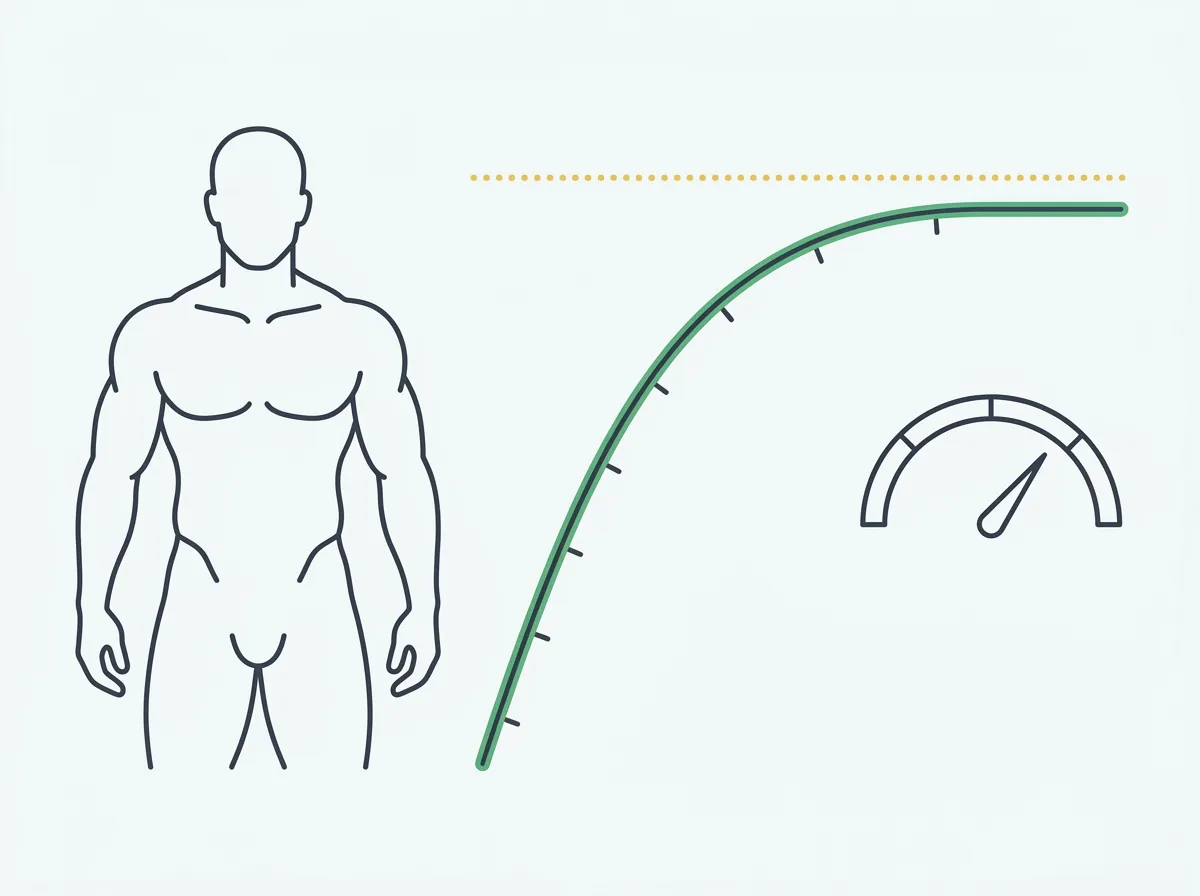A muscular body silhouette next to a progress curve that rises steeply then flattens at a ceiling line, with an FFMI gauge showing the natural training zone