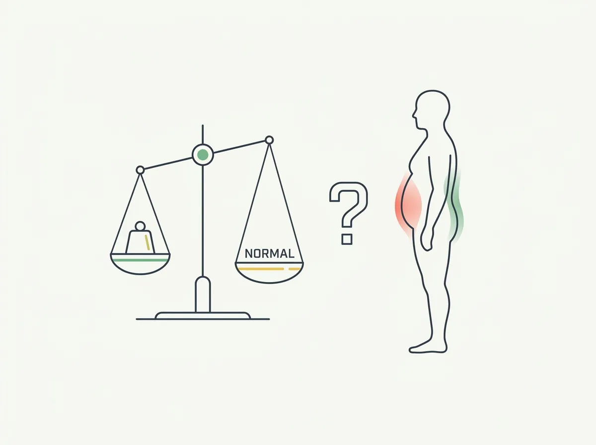 A BMI chart marking 23 as normal beside a soft male silhouette with belly fat, illustrating normal BMI but high body fat