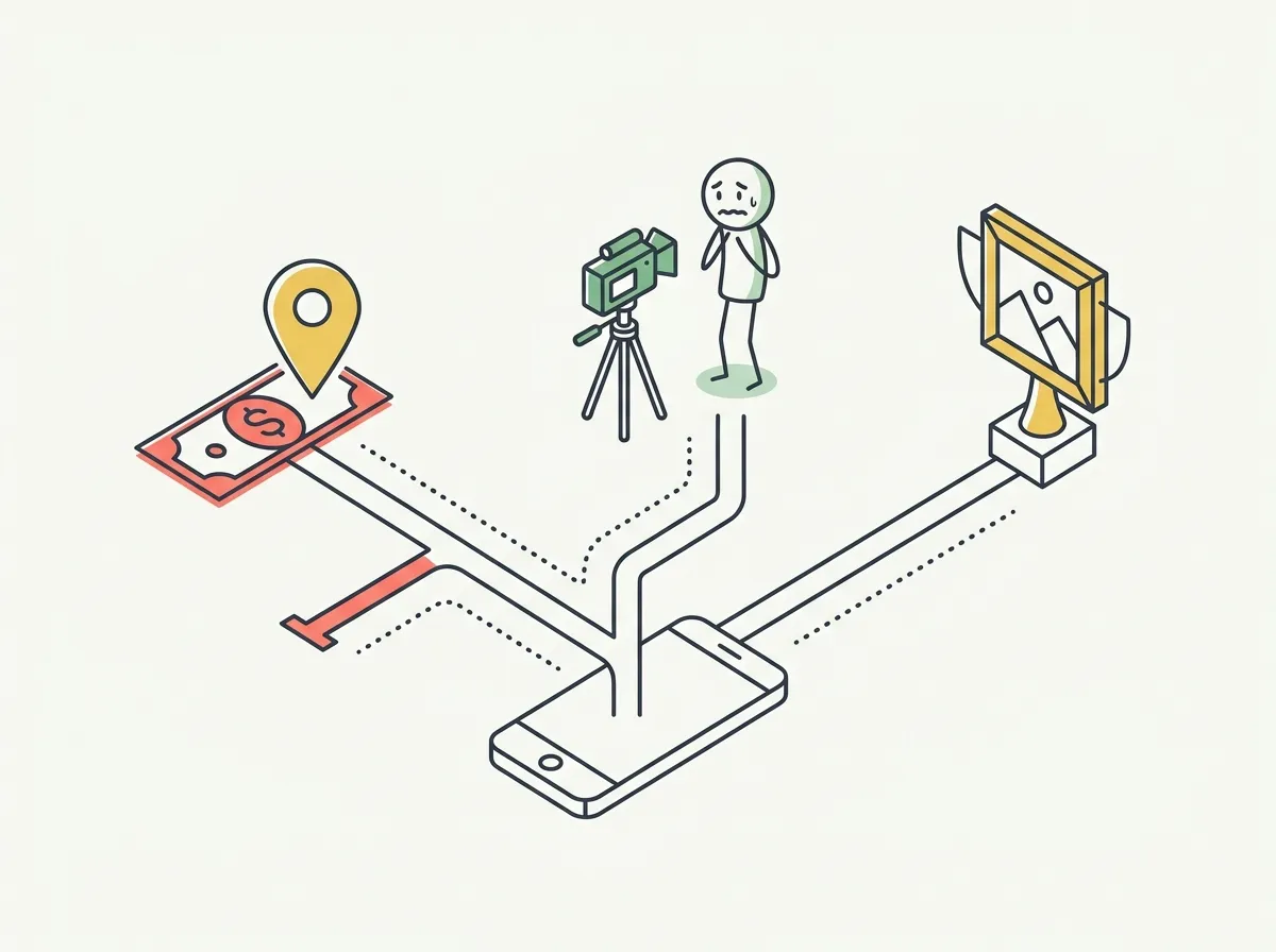 Line-art illustration of three experimental marketing paths branching out of a smartphone: one leading to cash under a map pin, one to a camera pointed at a nervous figure, one to a trophy made of a picture frame
