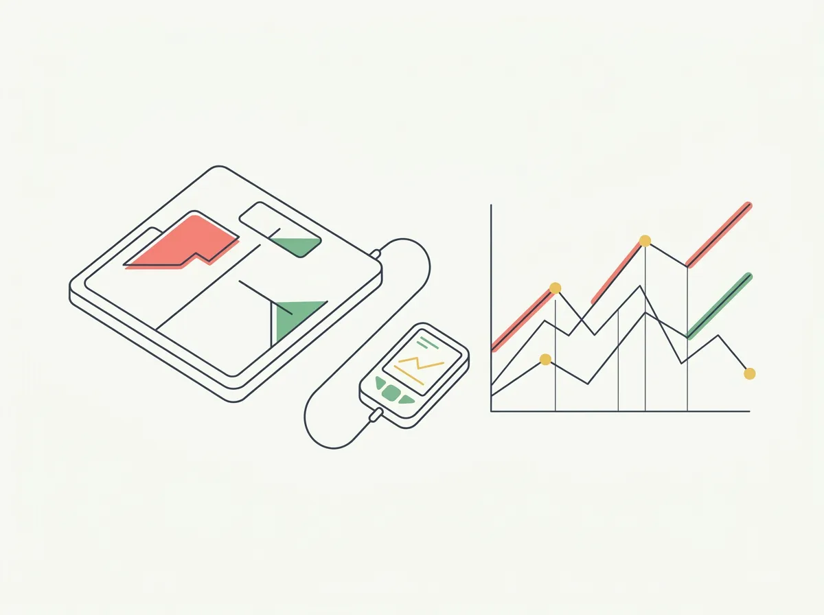 Illustration of a scale with a tethered display beside several long-term trend lines