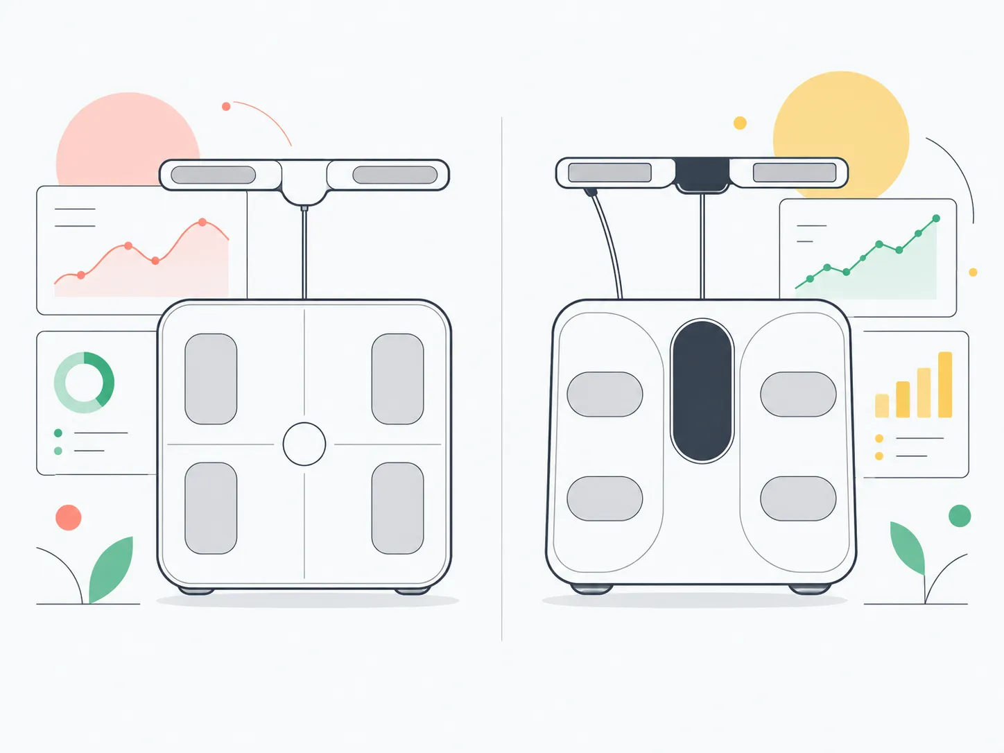 Illustration of two hand-electrode body-composition scales with abstract trend charts