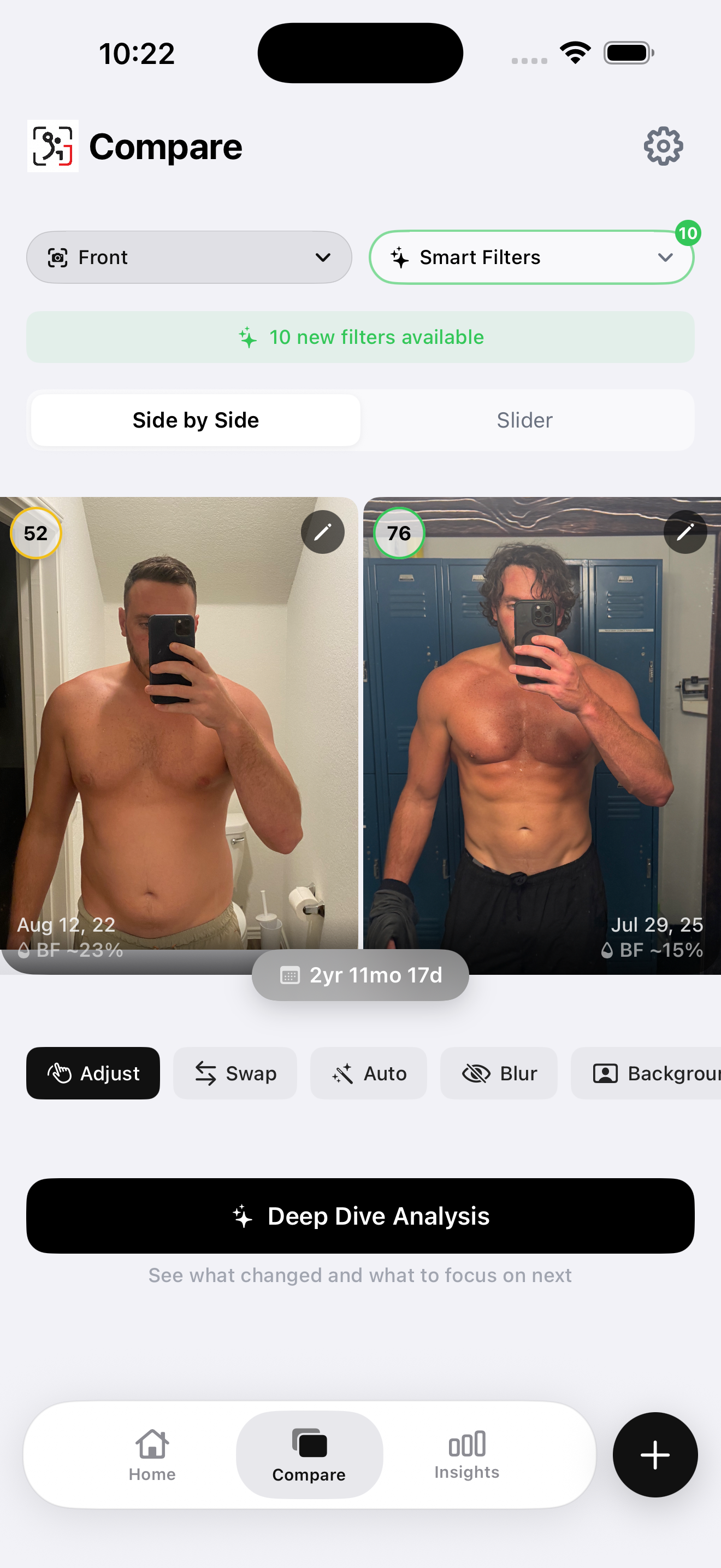 GainFrame side-by-side comparison view of two Ozempic check-in photos showing body composition changes