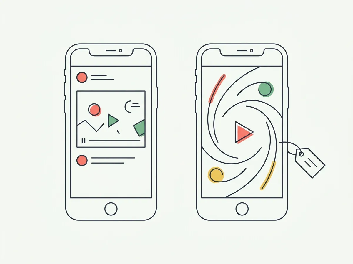 Line-art illustration of two phones side by side, one playing a plain screen recording and one playing a polished motion graphics video with a price tag