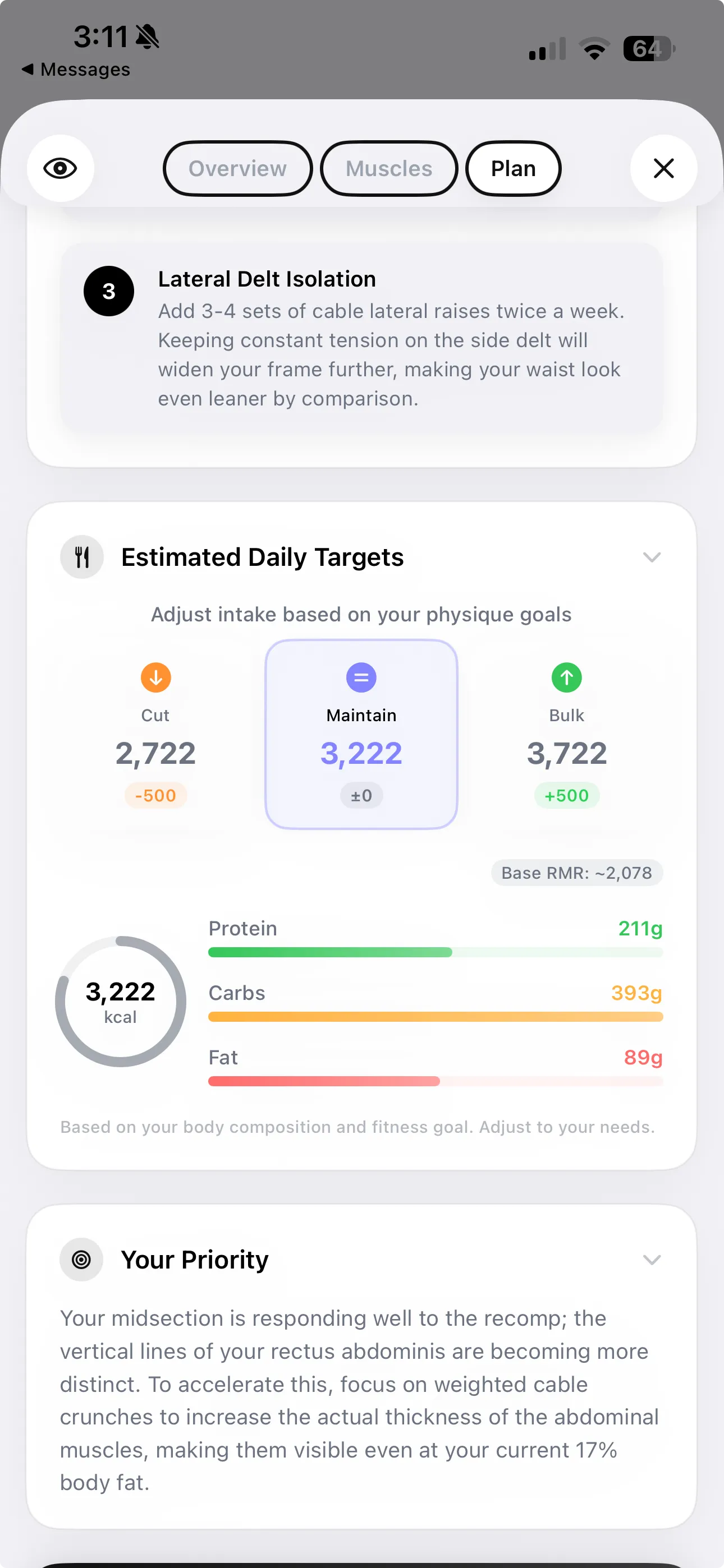 Plan tab showing Cut/Maintain/Bulk goal selector with calculated daily macro targets, AI training recommendation card, and personalized priority narrative