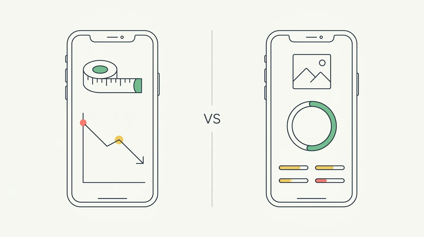 Two smartphones side by side with a VS divider — left showing a weight-loss measurement tracker with a tape measure and downward weight chart, right showing an AI body composition dashboard with a physique score ring and per-muscle ratings