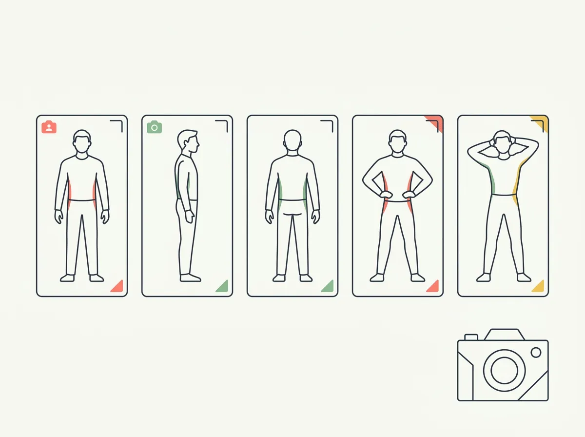 Minimalist line-art illustration of five small human figures in different standing poses arranged in a row like a photo contact sheet